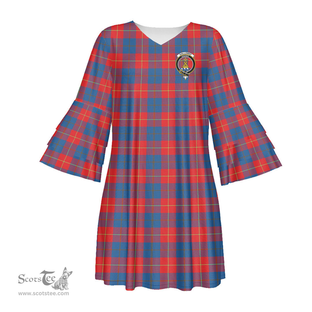 Scottish Galloway Red Clan Tartan Crest Womens Stacked Ruffle Sleeve Tartan Dress