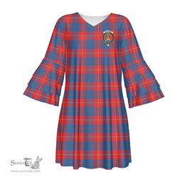 Scottish Galloway Red Clan Tartan Crest Womens Stacked Ruffle Sleeve Tartan Dress