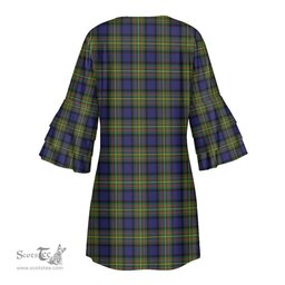 Scottish MacLaren Modern Clan Tartan Crest Womens Stacked Ruffle Sleeve Tartan Dress