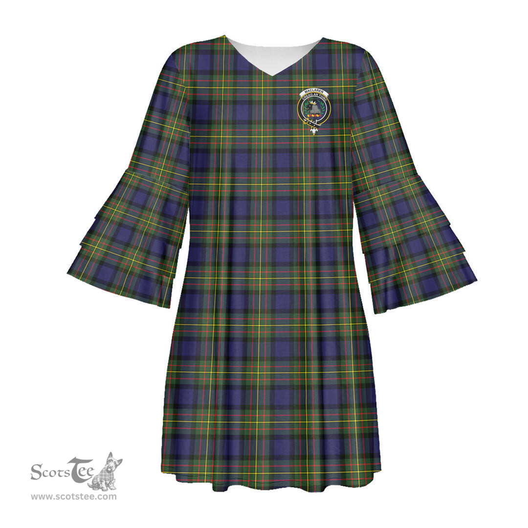 Scottish MacLaren Modern Clan Tartan Crest Womens Stacked Ruffle Sleeve Tartan Dress