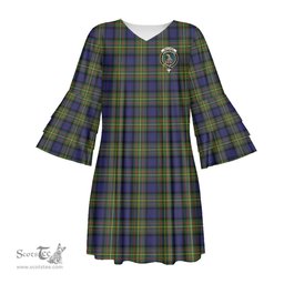 Scottish MacLaren Modern Clan Tartan Crest Womens Stacked Ruffle Sleeve Tartan Dress