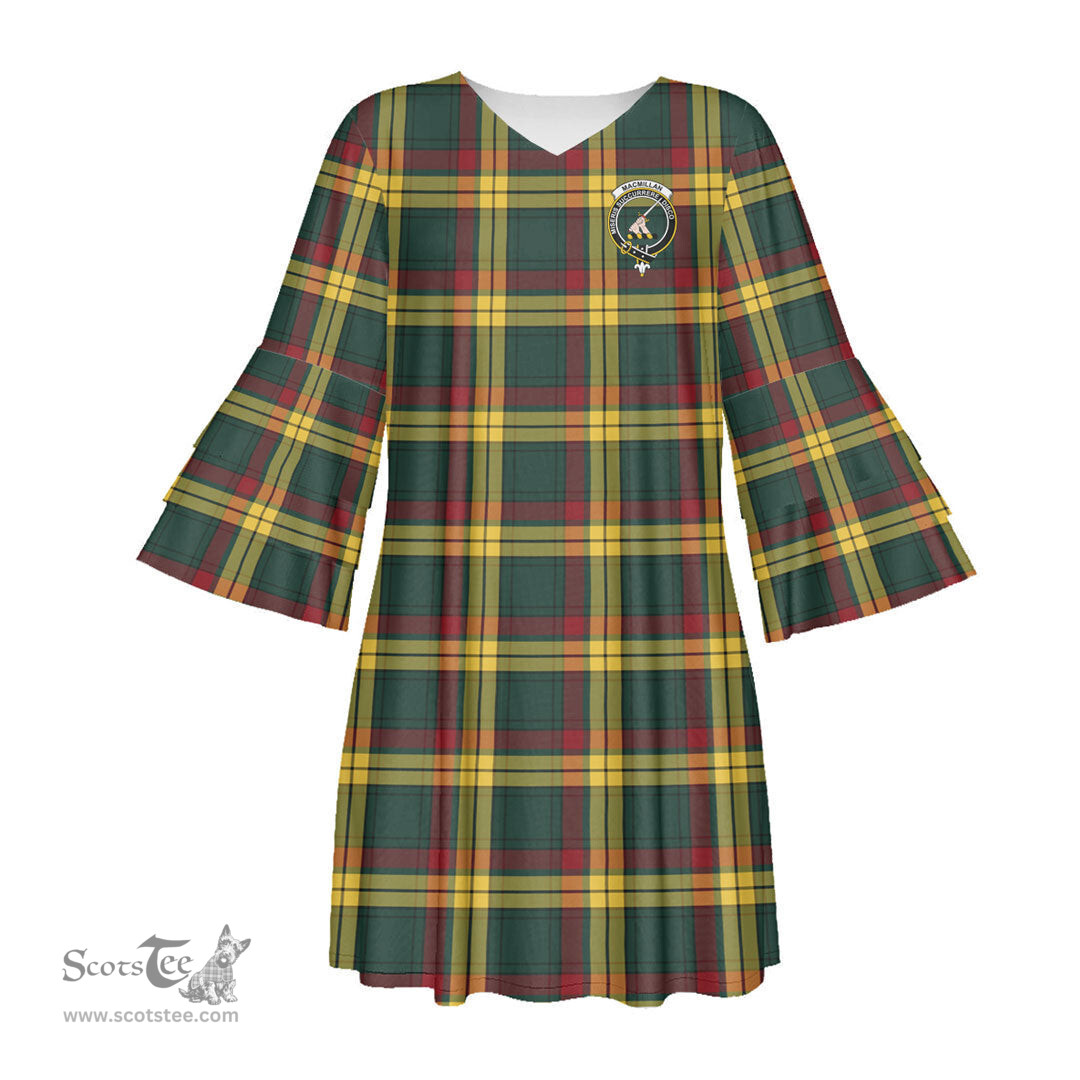 Scottish MacMillan Old Modern Clan Tartan Crest Womens Stacked Ruffle Sleeve Tartan Dress