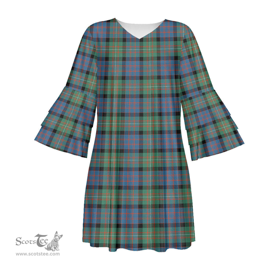 Scottish MacDonnell of Glengarry Ancient Tartan Womens Stacked Ruffle Sleeve Tartan Dress