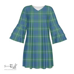 Scottish Hamilton Hunting Ancient Tartan Womens Stacked Ruffle Sleeve Tartan Dress