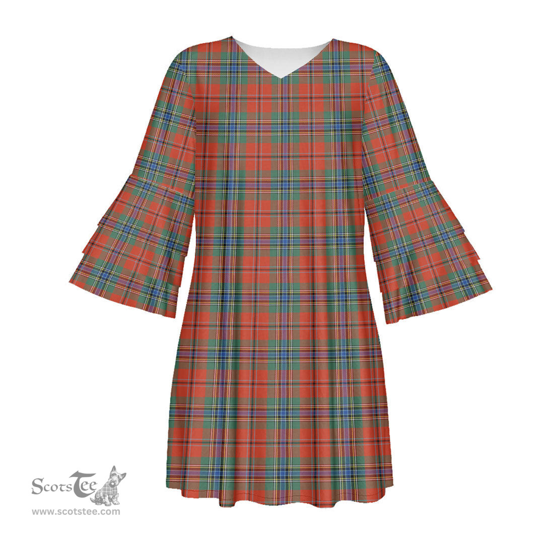 Scottish MacLean of Duart Ancient Tartan Womens Stacked Ruffle Sleeve Tartan Dress