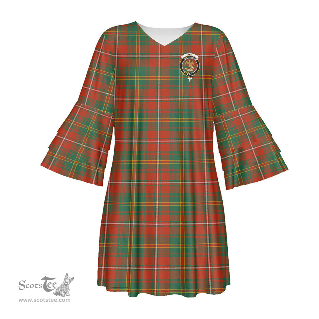 Scottish Hay Ancient Clan Tartan Crest Womens Stacked Ruffle Sleeve Tartan Dress