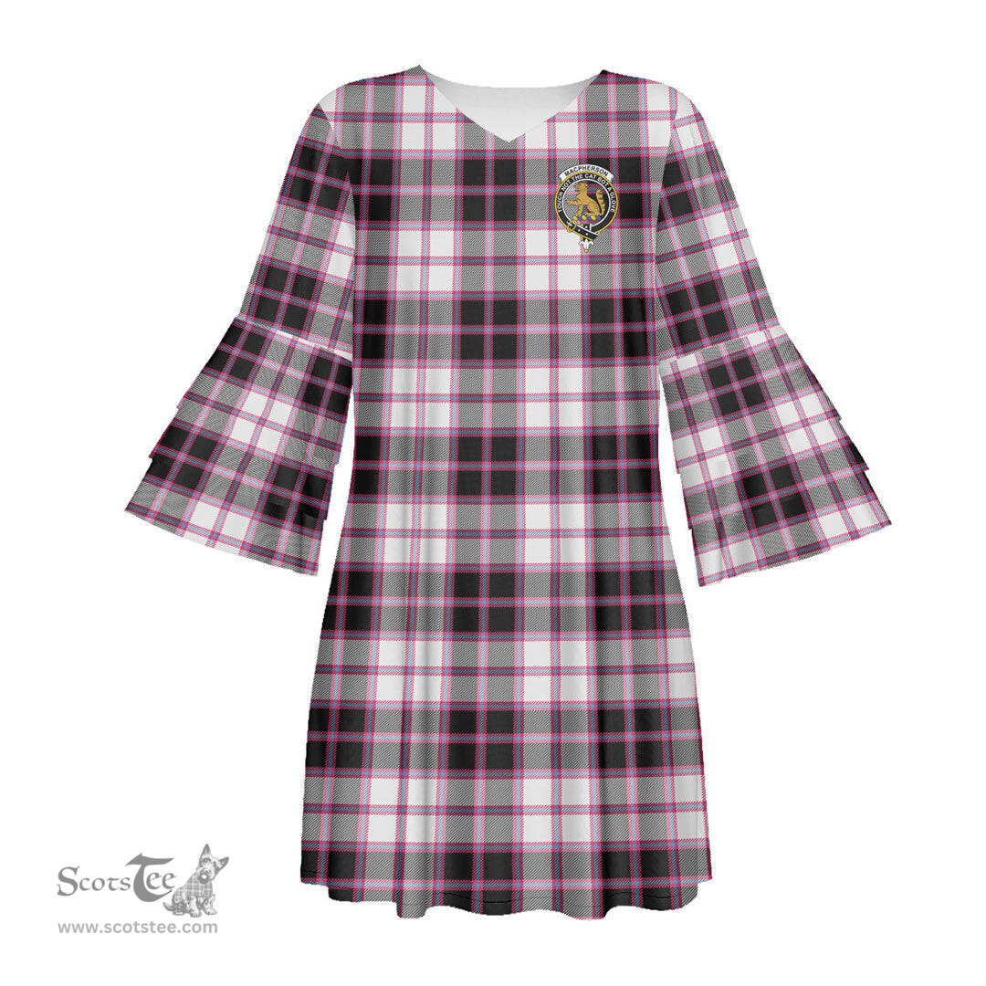 Scottish MacPherson Hunting Modern Clan Tartan Crest Womens Stacked Ruffle Sleeve Tartan Dress