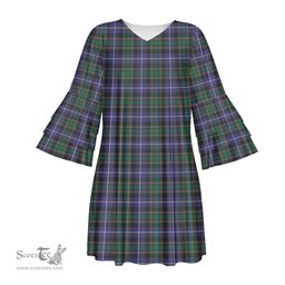 Scottish MacRae Hunting Modern Tartan Womens Stacked Ruffle Sleeve Tartan Dress