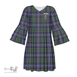 Scottish MacRae Hunting Modern Clan Tartan Crest Womens Stacked Ruffle Sleeve Tartan Dress