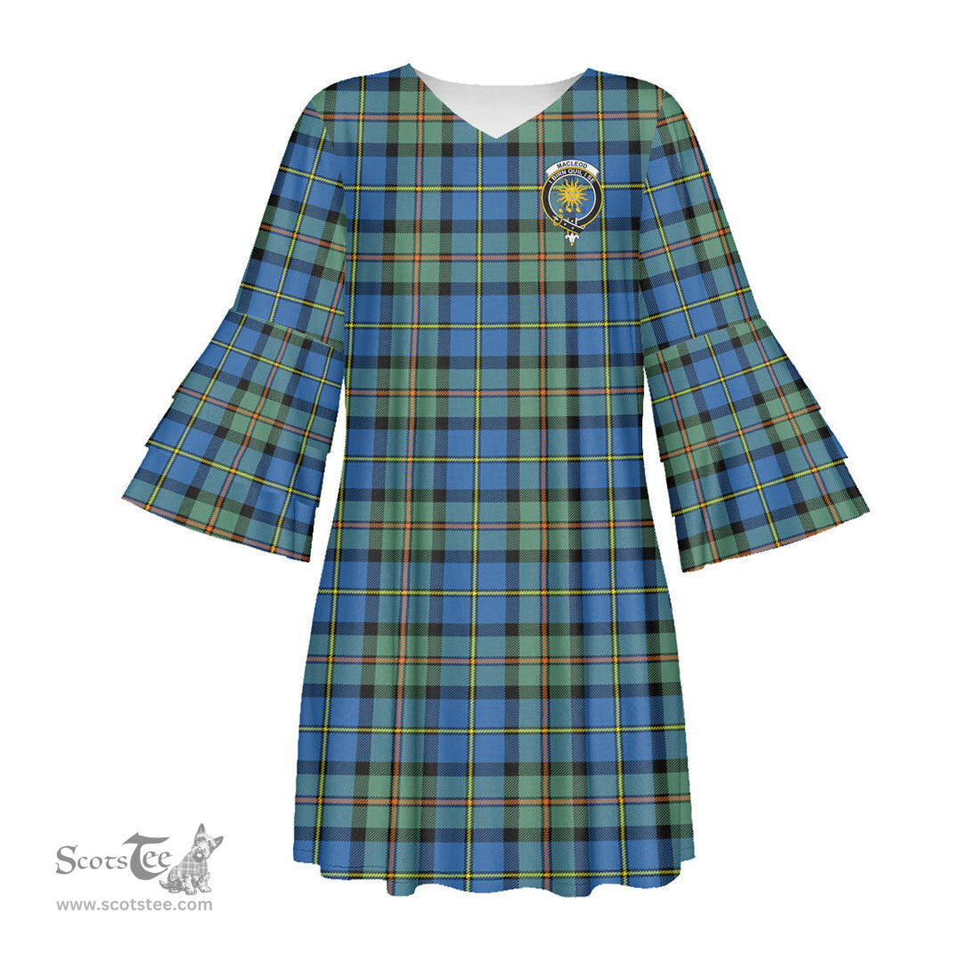 Scottish MacLeod of Harris Ancient Clan Tartan Crest Womens Stacked Ruffle Sleeve Tartan Dress