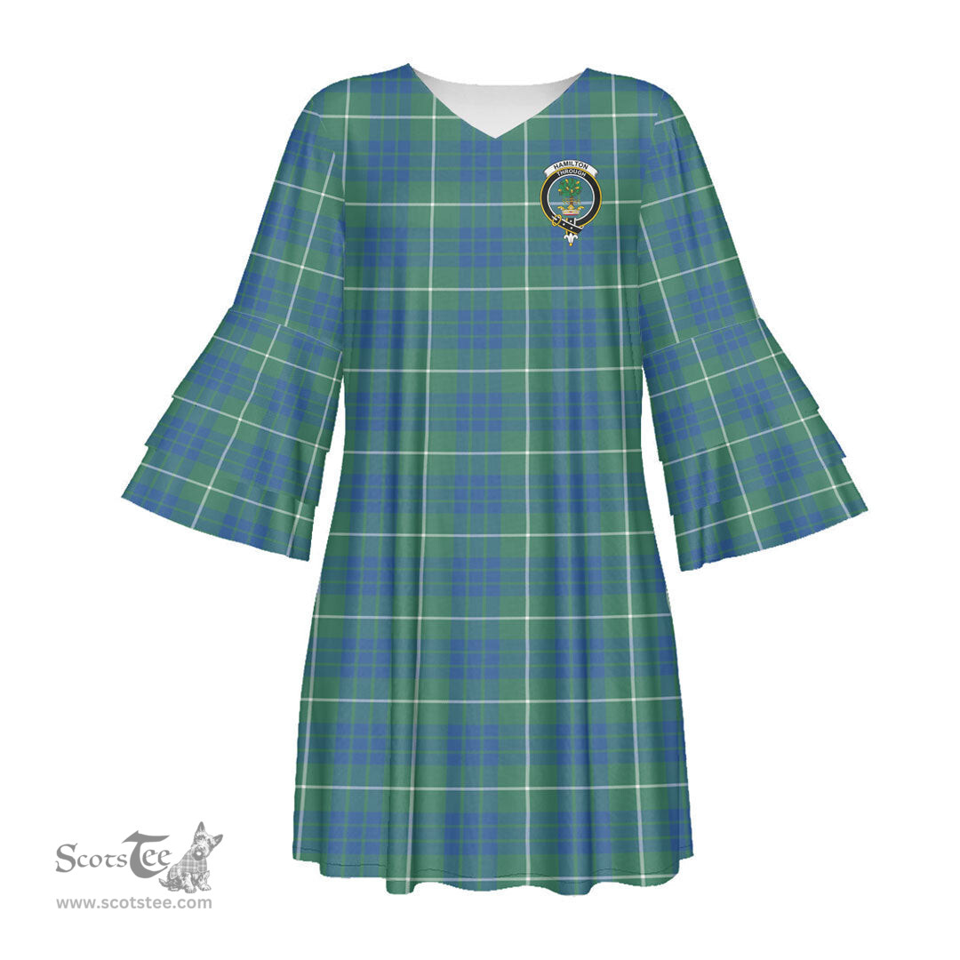 Scottish Hamilton Hunting Ancient Clan Tartan Crest Womens Stacked Ruffle Sleeve Tartan Dress