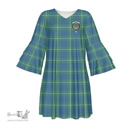 Scottish Hamilton Hunting Ancient Clan Tartan Crest Womens Stacked Ruffle Sleeve Tartan Dress