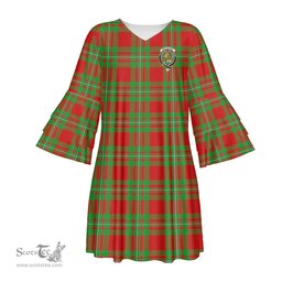 Scottish MacGregor Modern Clan Tartan Crest Womens Stacked Ruffle Sleeve Tartan Dress