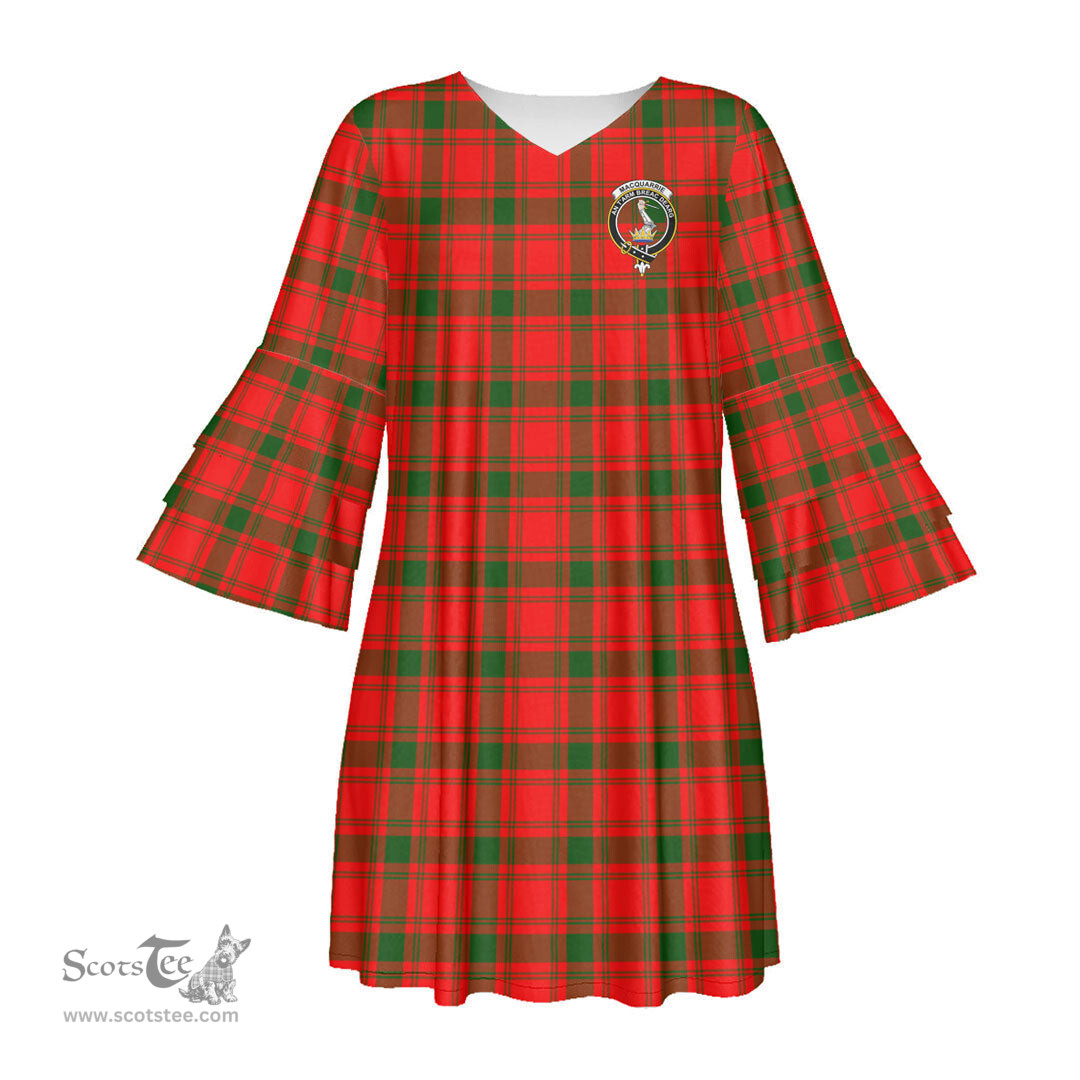 Scottish MacQuarrie Modern Clan Tartan Crest Womens Stacked Ruffle Sleeve Tartan Dress