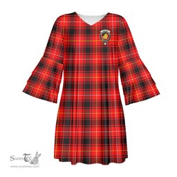 Scottish MacIver Modern Clan Tartan Crest Womens Stacked Ruffle Sleeve Tartan Dress