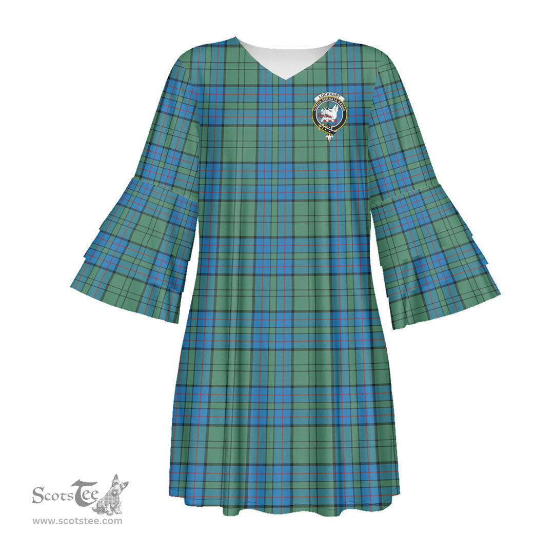 Scottish Lockhart Clan Tartan Crest Womens Stacked Ruffle Sleeve Tartan Dress