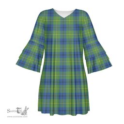 Scottish Johnston Ancient Tartan Womens Stacked Ruffle Sleeve Tartan Dress