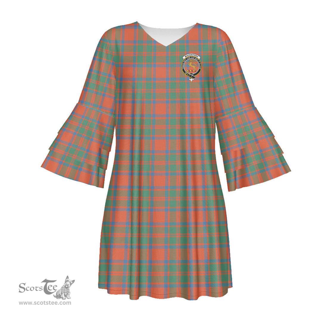 Scottish MacKintosh Ancient Clan Tartan Crest Womens Stacked Ruffle Sleeve Tartan Dress