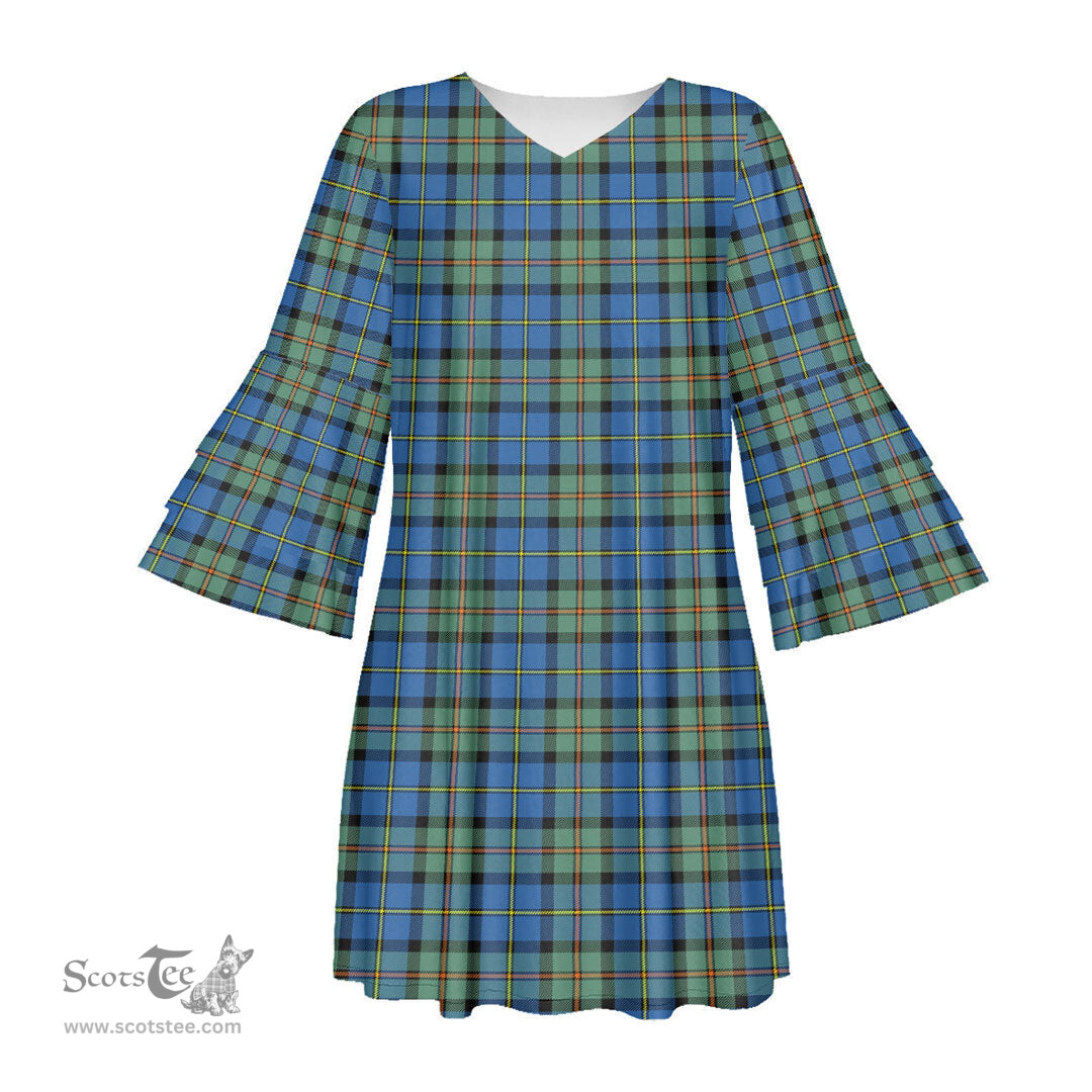 Scottish MacLeod of Harris Ancient Tartan Womens Stacked Ruffle Sleeve Tartan Dress