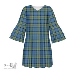 Scottish MacLeod of Harris Ancient Tartan Womens Stacked Ruffle Sleeve Tartan Dress