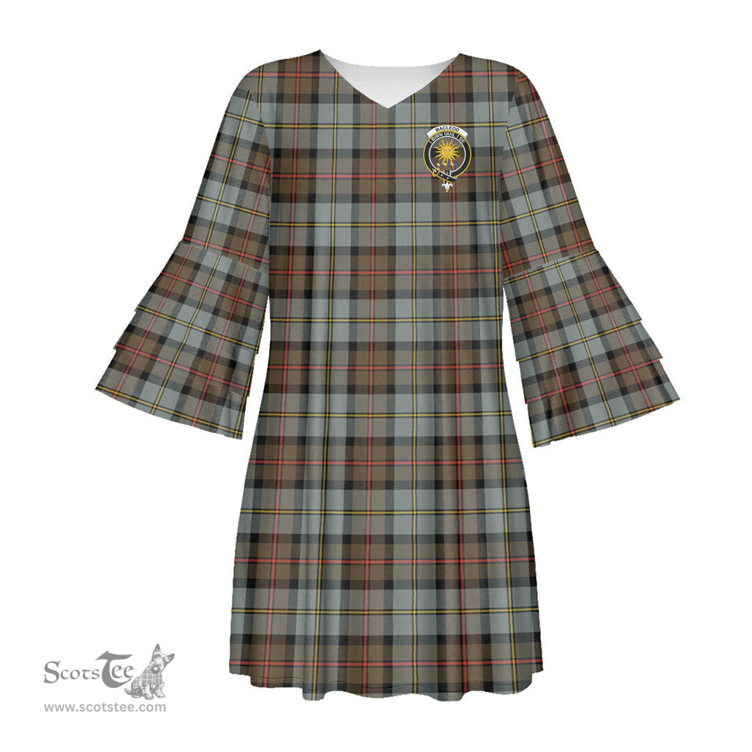 Scottish MacLeod of Harris Weathered Clan Tartan Crest Womens Stacked Ruffle Sleeve Tartan Dress
