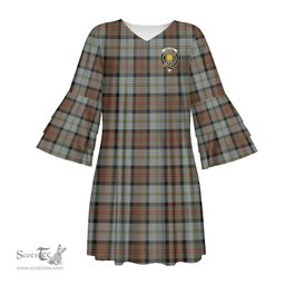 Scottish MacLeod of Harris Weathered Clan Tartan Crest Womens Stacked Ruffle Sleeve Tartan Dress
