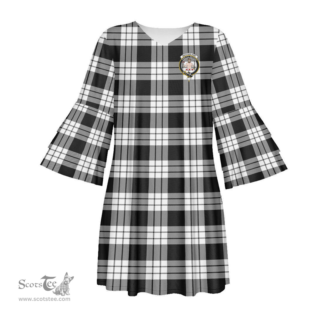 Scottish MacFarlane Black White Clan Tartan Crest Womens Stacked Ruffle Sleeve Tartan Dress