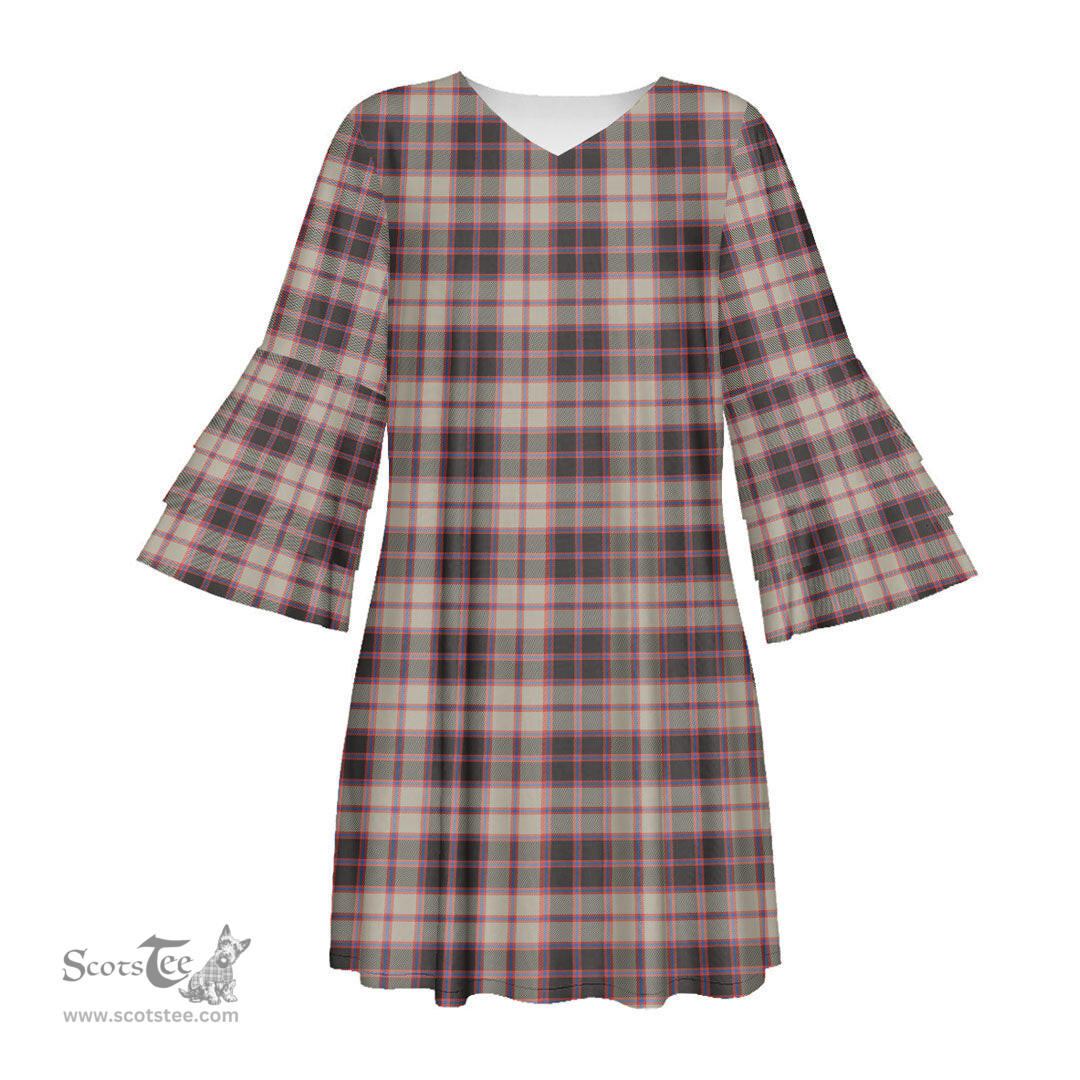 Scottish MacPherson Hunting Ancient Tartan Womens Stacked Ruffle Sleeve Tartan Dress