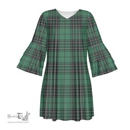 Scottish MacLean Hunting Ancient Tartan Womens Stacked Ruffle Sleeve Tartan Dress