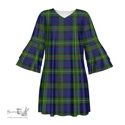 Scottish MacEwen Modern Tartan Womens Stacked Ruffle Sleeve Tartan Dress