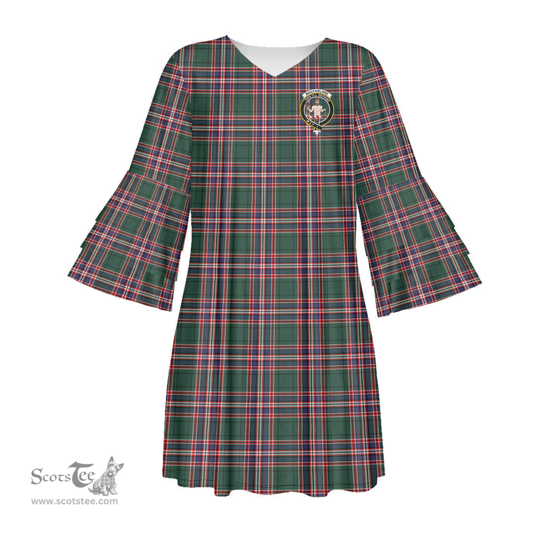 Scottish MacFarlane Hunting Modern Clan Tartan Crest Womens Stacked Ruffle Sleeve Tartan Dress