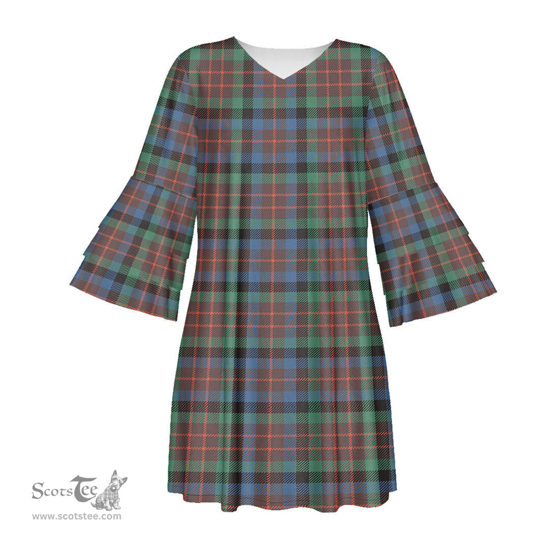 Scottish MacDuff Hunting Ancient Tartan Womens Stacked Ruffle Sleeve Tartan Dress