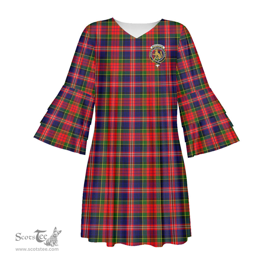 Scottish MacPherson Modern Clan Tartan Crest Womens Stacked Ruffle Sleeve Tartan Dress