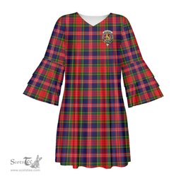 Scottish MacPherson Modern Clan Tartan Crest Womens Stacked Ruffle Sleeve Tartan Dress