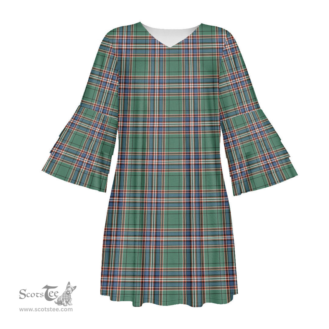 Scottish MacFarlane Hunting Ancient Tartan Womens Stacked Ruffle Sleeve Tartan Dress