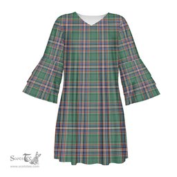 Scottish MacFarlane Hunting Ancient Tartan Womens Stacked Ruffle Sleeve Tartan Dress