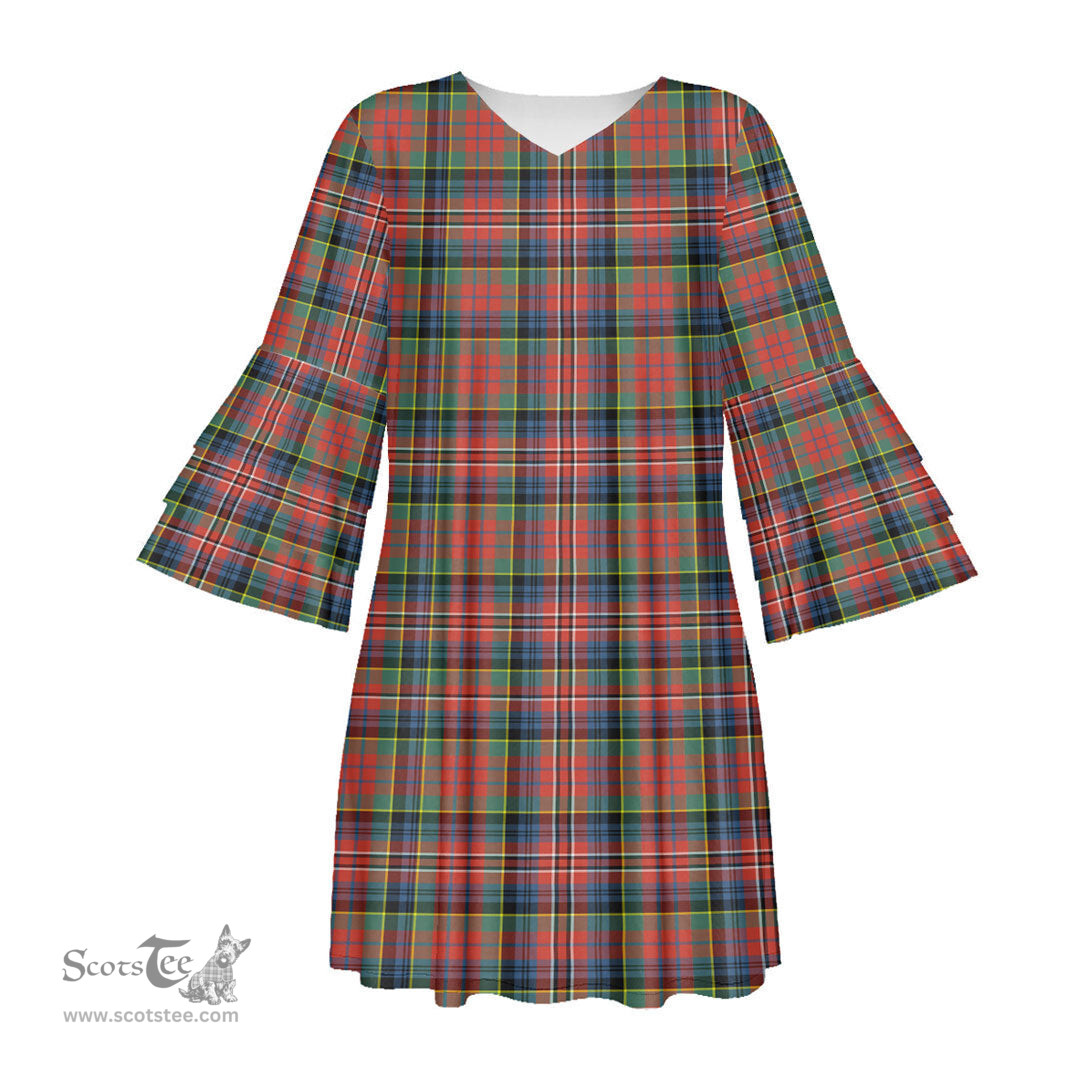 Scottish MacPherson Ancient Tartan Womens Stacked Ruffle Sleeve Tartan Dress