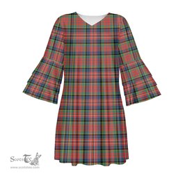 Scottish MacPherson Ancient Tartan Womens Stacked Ruffle Sleeve Tartan Dress