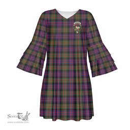 Scottish MacDonald Modern Clan Tartan Crest Womens Stacked Ruffle Sleeve Tartan Dress