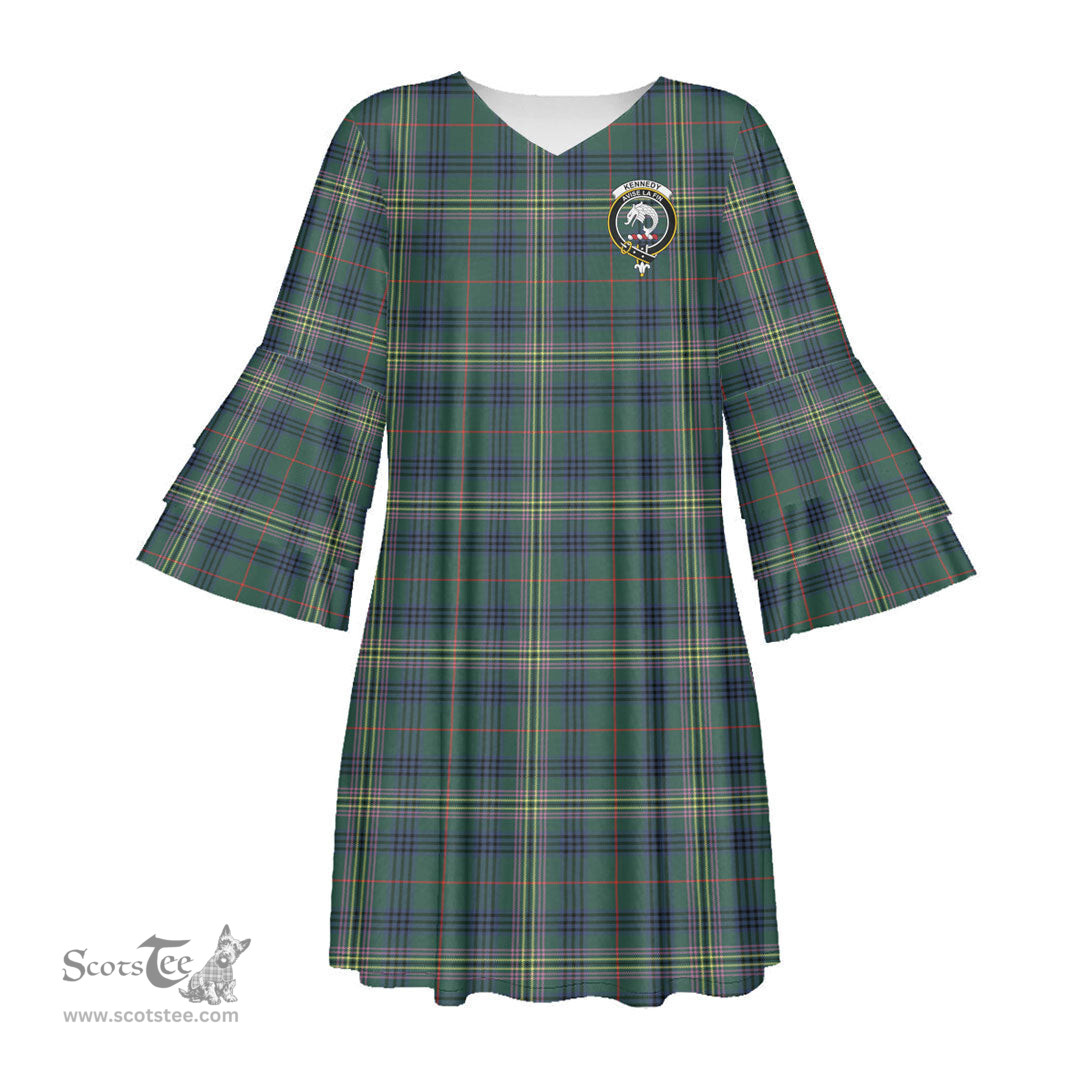 Scottish Kennedy Modern Clan Tartan Crest Womens Stacked Ruffle Sleeve Tartan Dress