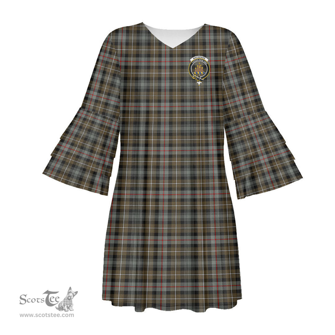 Scottish MacKenzie Weathered Clan Tartan Crest Womens Stacked Ruffle Sleeve Tartan Dress