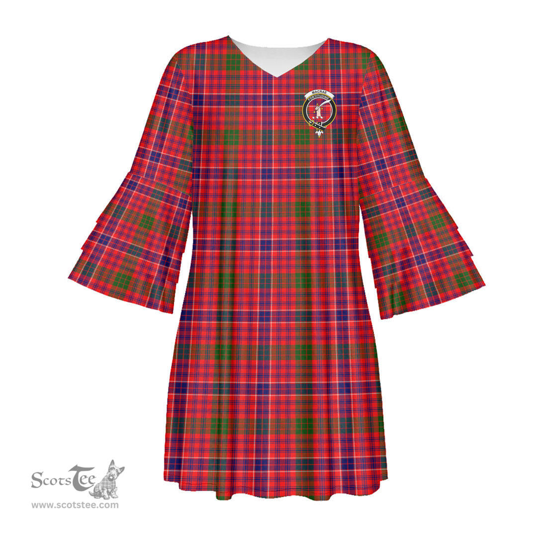 Scottish MacRae Modern Clan Tartan Crest Womens Stacked Ruffle Sleeve Tartan Dress