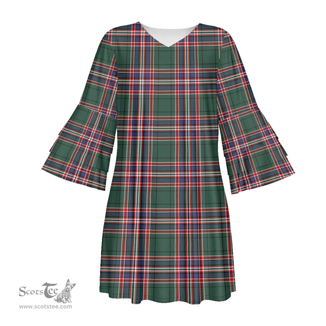 Scottish MacFarlane Hunting Modern Tartan Womens Stacked Ruffle Sleeve Tartan Dress