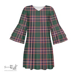 Scottish MacFarlane Hunting Modern Tartan Womens Stacked Ruffle Sleeve Tartan Dress