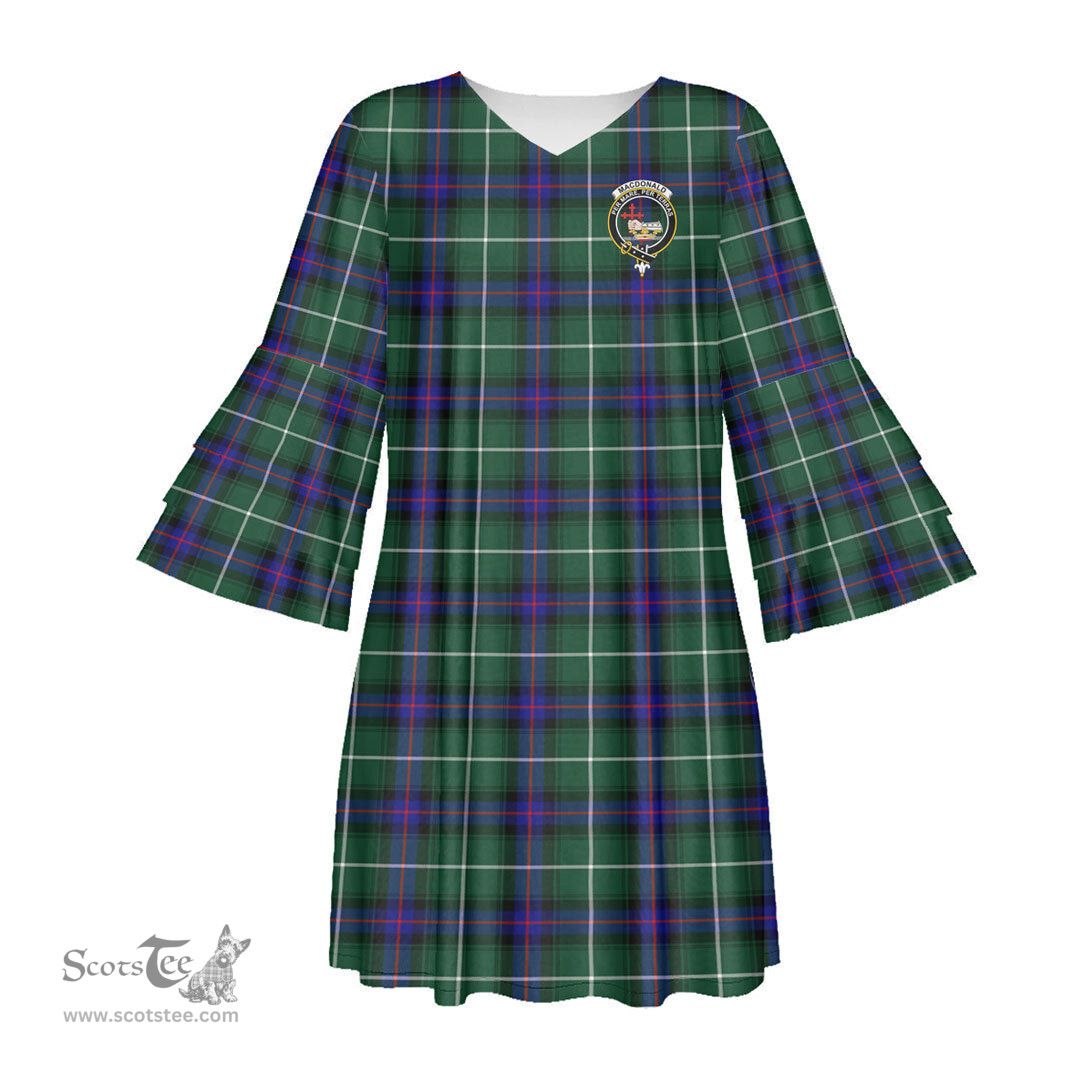 Scottish MacDonald of the Isles Hunting Modern Clan Tartan Crest Womens Stacked Ruffle Sleeve Tartan Dress