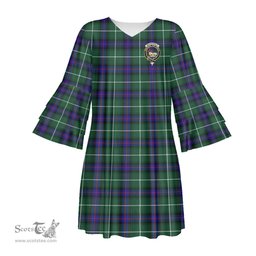 Scottish MacDonald of the Isles Hunting Modern Clan Tartan Crest Womens Stacked Ruffle Sleeve Tartan Dress