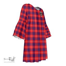 Scottish Hamilton Modern Clan Tartan Crest Womens Stacked Ruffle Sleeve Tartan Dress