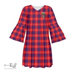 Scottish Hamilton Modern Clan Tartan Crest Womens Stacked Ruffle Sleeve Tartan Dress