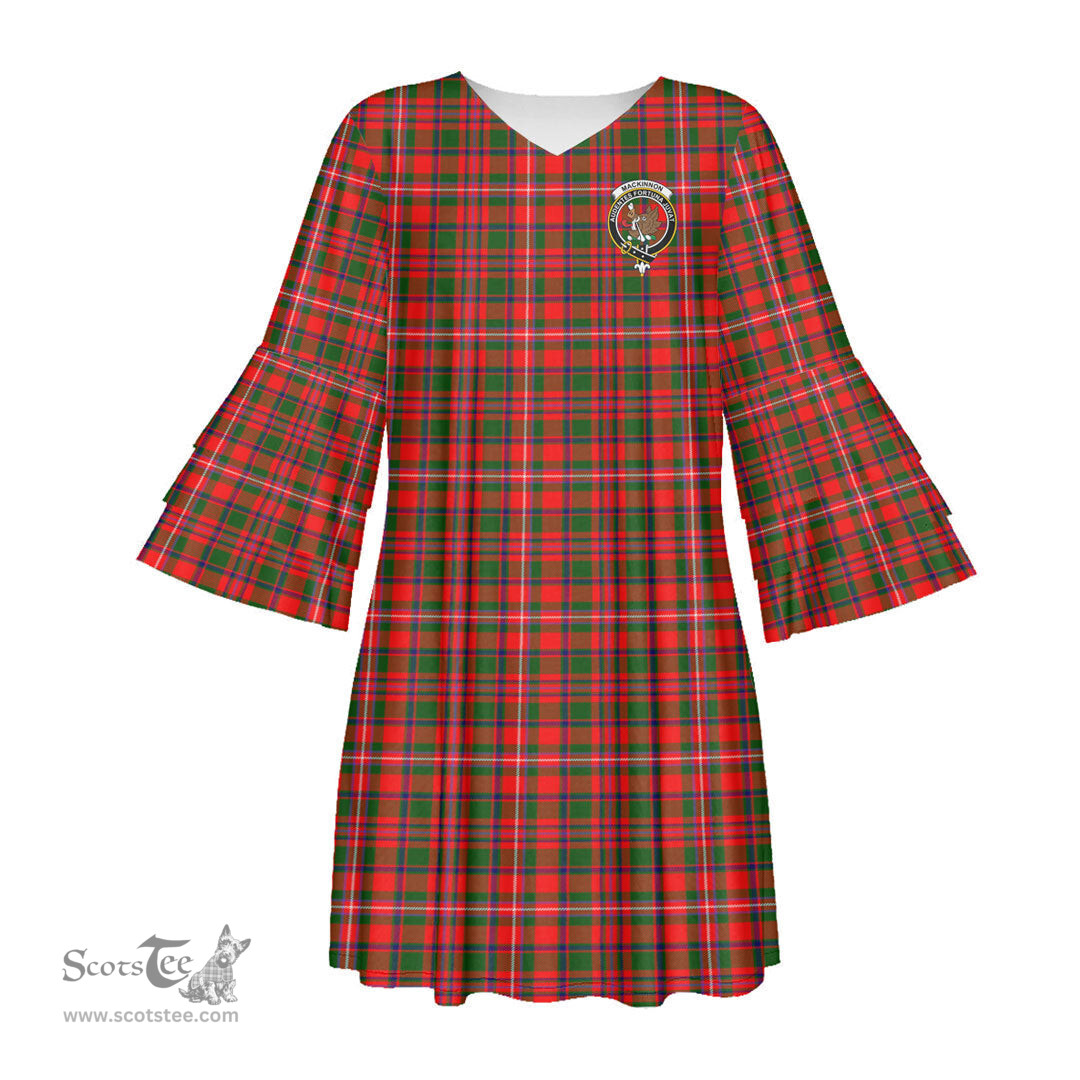 Scottish MacKinnon Modern Clan Tartan Crest Womens Stacked Ruffle Sleeve Tartan Dress