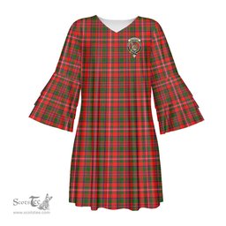 Scottish MacKinnon Modern Clan Tartan Crest Womens Stacked Ruffle Sleeve Tartan Dress
